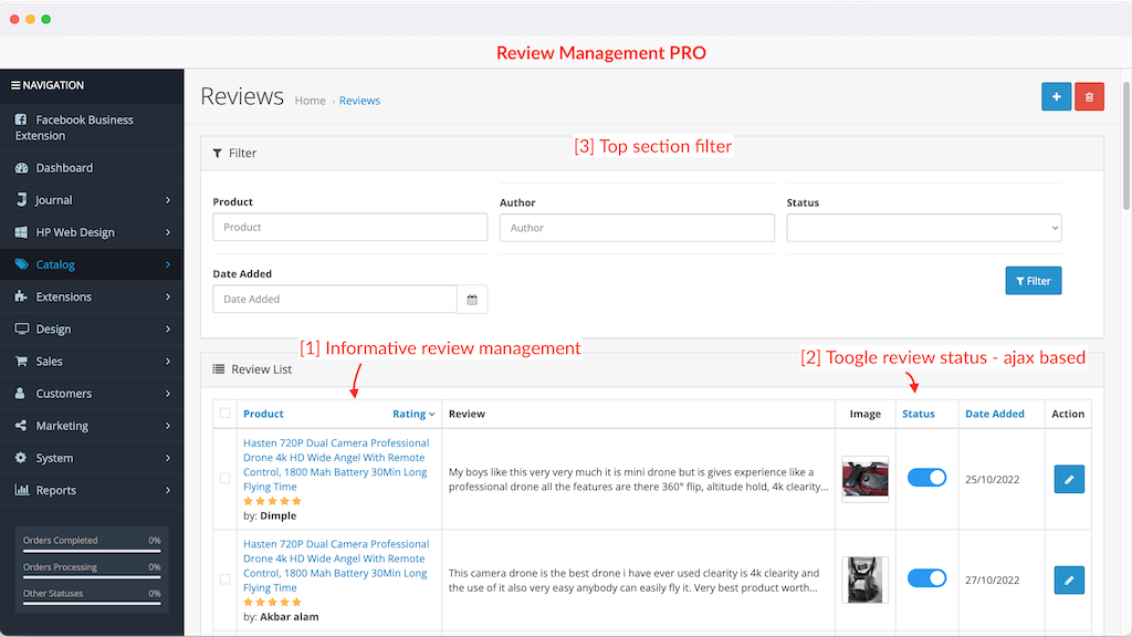 enhanced review management on opencart dashboard